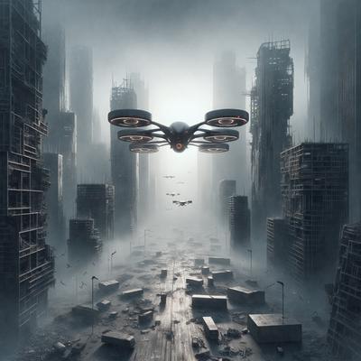 Primary subject: A large drone flying in the sky.

Setting/background: A cityscape with tall buildings and a cloudy sky.

Visual style: Digital art.

Colors and mood: The image is in black and white, giving it a moody and dramatic atmosphere.